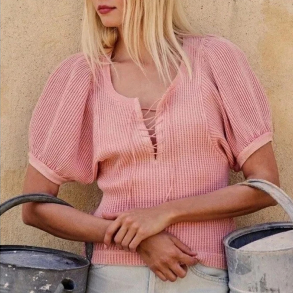 Free People FP One Hayden Pink Thermal Blouse Top Puff Sleeve Lace-up Medium